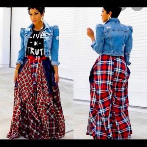 Damsel Denim & Plaid Long Maxi Skirt